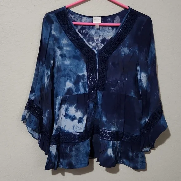 Cupio Blouse Womens Medium tye die blue Crochet Lace Fairy Boho Grunge Bell - Picture 1 of 14